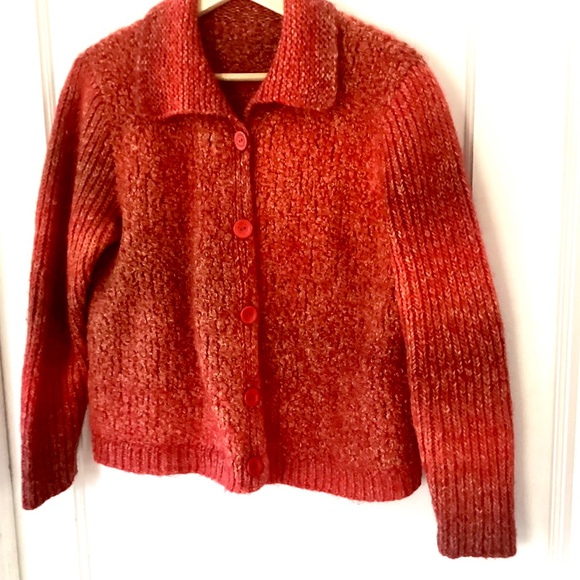 Vintage Hand Knit Button Down Long Sleeve Cardigan Orange Boucle Size S/M Jacket - Picture 3 of 15